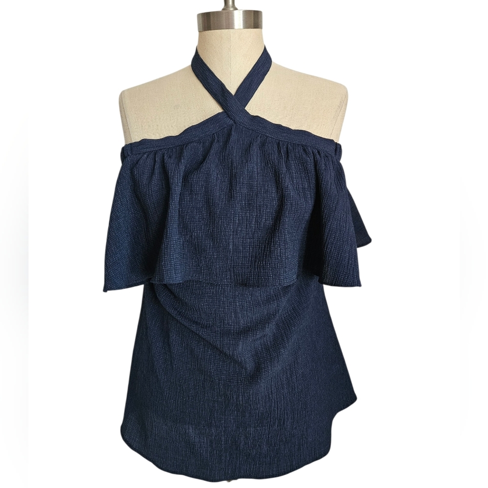 MICHAEL MICHAEL KORS Navy Blue Off-The-Shoulder Halter Ruffle Top | SZ S - Picture 1 of 8
